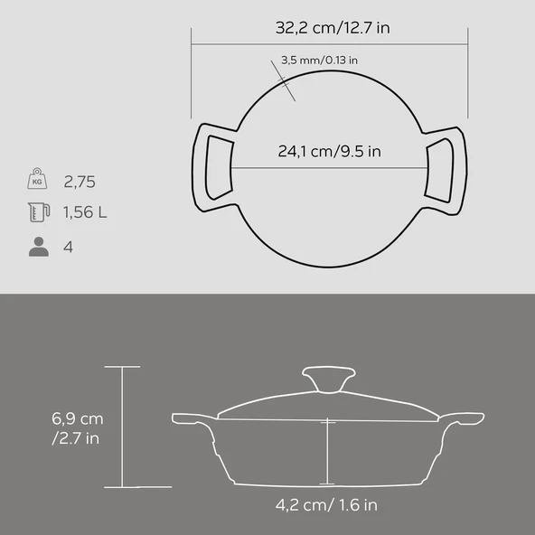 Lava Döküm Yuvarlak Sahan Cam Kapaklı Döküm Demir Yekpare Çift Kulplu Çap(Ø)24cm. - Resim 5