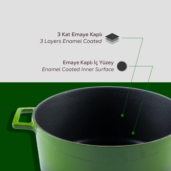 Lava Döküm Yuvarlak Tencere Cam kapaklı. Glaze Çap(Ø)20cm.  Yeşil - 6