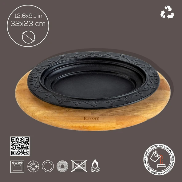 Lava Döküm Oval Döner, Kebap Tabağı Kayın Servis Ahşabı. Ölçü 32x23cm. - 4
