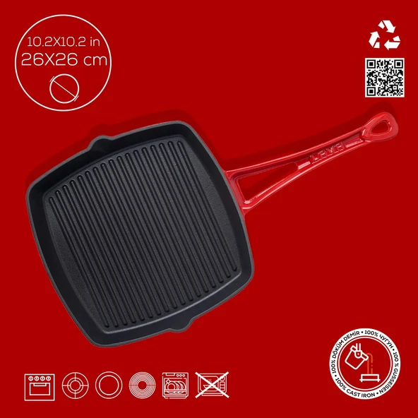 Lava Döküm Kare Izgara Tava Döküm Demir Yekpare Saplı. Ölçü 26x26cm.  Kırmızı - Resim 4