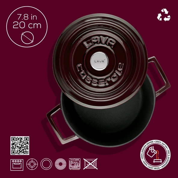 Lava Döküm Yuvarlak Tencere Döküm Demir Yekpare Kulplu Premium Serisi Çap(Ø)20cm.  Mor - Resim 4