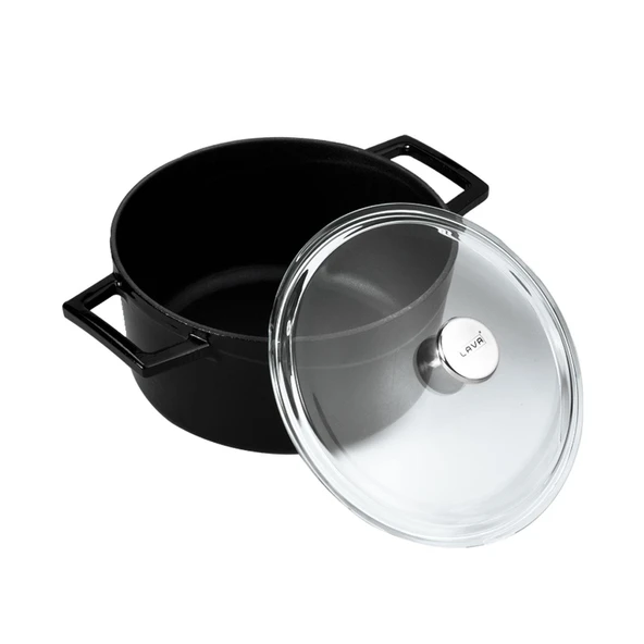 Lava Döküm Yuvarlak Tencere Cam kapaklı. Glaze Çap(Ø)20cm.  Siyah - 2