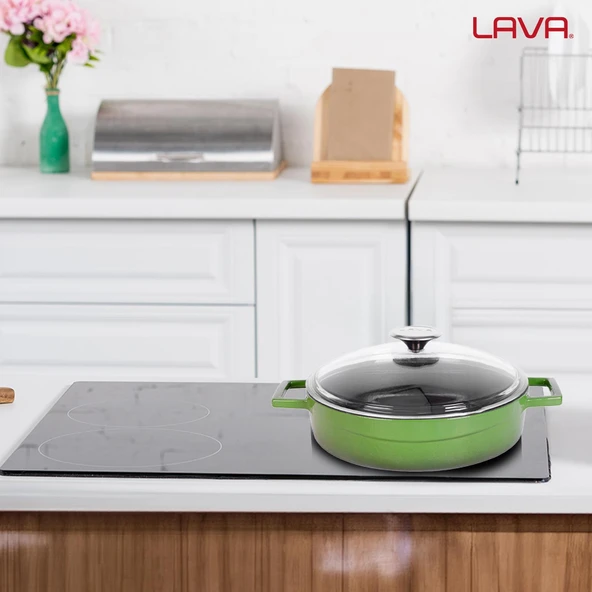 Lava Döküm Çok Amaçlı Yayvan Tencere. Glaze Serisi Çap(Ø)24cm. - Kırmızı  Yeşil - Resim 6