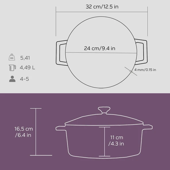 Lava Döküm Yuvarlak Tencere. Folk Çap(Ø)24cm.  Mor - Resim 5