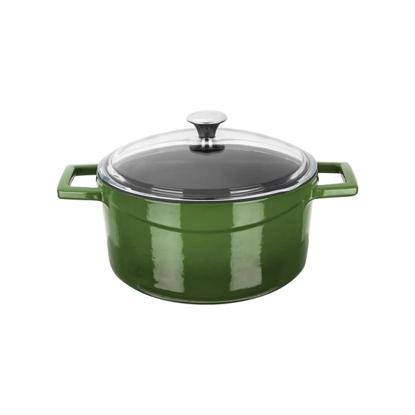 Lava Döküm Yuvarlak Tencere Cam kapaklı. Glaze Çap(Ø)20cm.  Yeşil ürün görseli 1