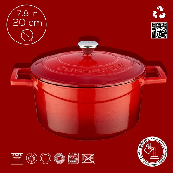 Lava Döküm Yuvarlak Tencere. Folk Çap(Ø)20cm.  Kırmızı - Resim 4