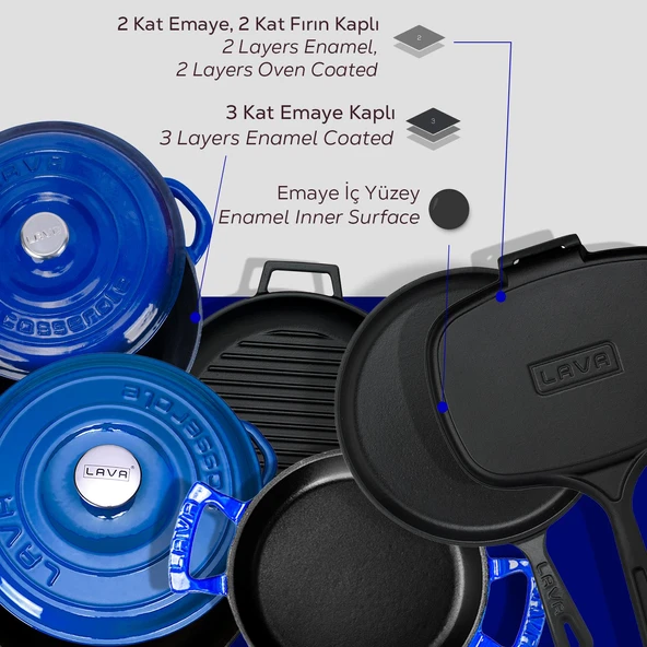 Lava Döküm 6x Trendy Serisi 9 Parça Tencere & Tava Seti  Mavi - 7