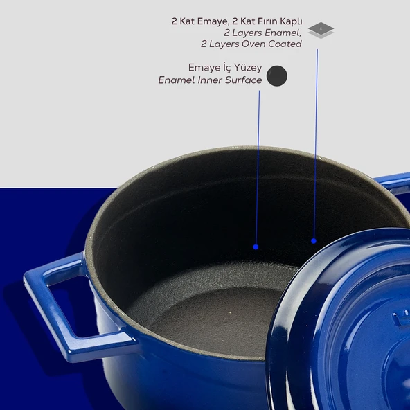 Lava Döküm Yuvarlak Tencere. Trendy Çap(Ø) 16cm.  Mavi - Resim 5