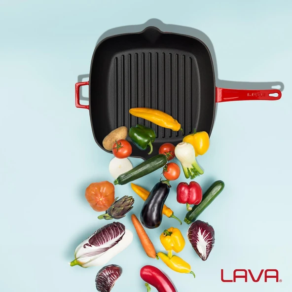 Lava Döküm Kare Izgara Tava Cam Kapaklı Döküm Demir Yekpare Saplı Ölçü 26x26cm.  Kırmızı - 7
