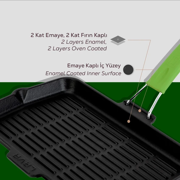 Lava Döküm Dikdörtgen Sığ Izgara Tavası Silikon Tel Saplı Ölçü 21x36cm.  Yeşil - Resim 9