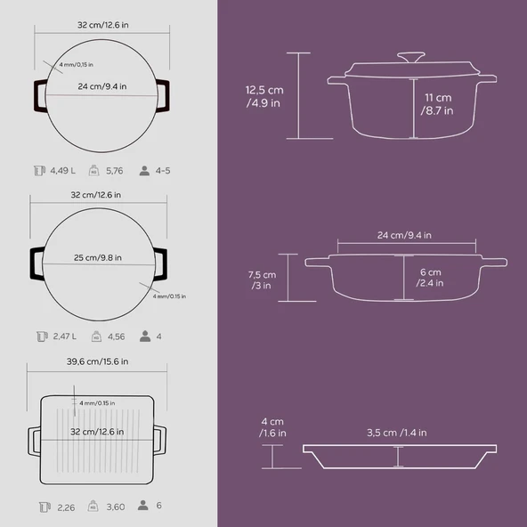 Lava Döküm 6X Trendy Serisi Döküm Demir Tencere Tava Çeyiz Seti  Mor - Resim 6