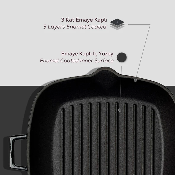 Lava Döküm Kare Izgara Tava Cam Kapaklı Döküm Demir Yekpare Saplı Ölçü 28x28cm.  Siyah - Resim 6