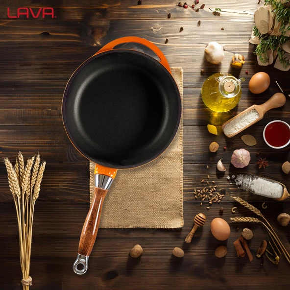 Lava Döküm Yuvarlak Kızartma Tavası Döküm Demir Sök - Tak Ahşap Sap Çap(Ø)24cm  Turuncu - Resim 7