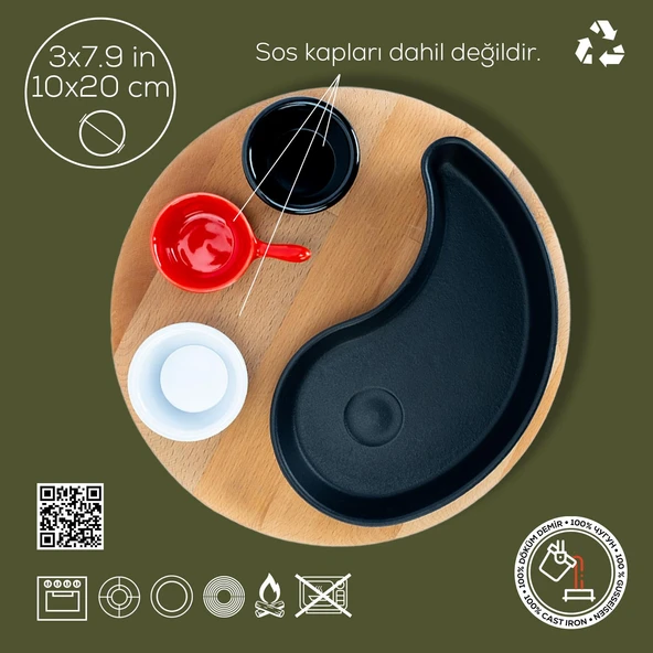 Lava Döküm Damla Formlu Yingyang Fajita Tabağı Kayın Servis Ahşabı Ölçü 10x20cm. (Bu ürüne sos kapları dahil değildir) - 2