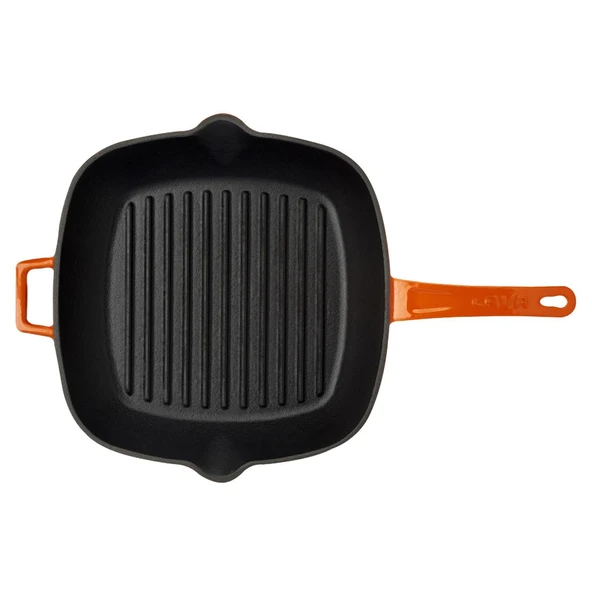 Lava Döküm Kare Izgara Tava Cam Kapaklı Döküm Demir Yekpare Saplı Ölçü 28x28cm.  Turuncu - Resim 3