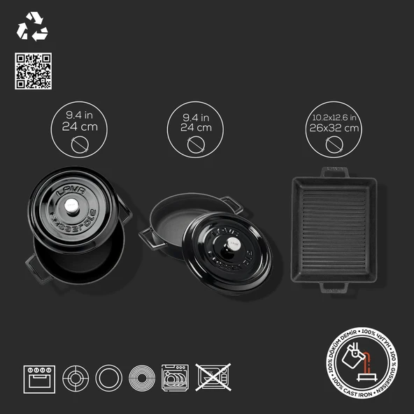 Lava Döküm 6X Trendy Serisi Döküm Demir Tencere Tava Çeyiz Seti  Siyah - Resim 5