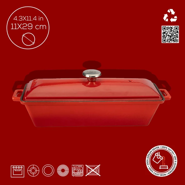 Lava Döküm Ekmek Tenceresi / Terrine Serisi. Ölçü 11x29cm.  Kırmızı - Resim 4