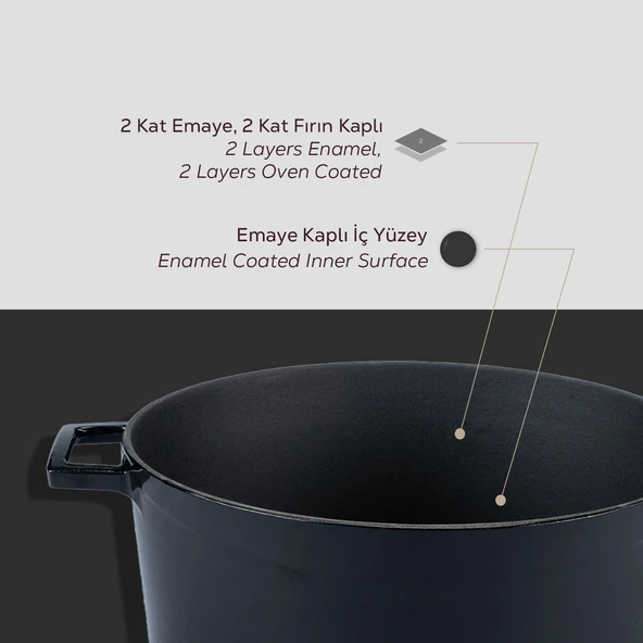 Lava Döküm Yuvarlak Tencere Cam kapaklı. Glaze Çap(Ø)20cm.  Siyah - Resim 6