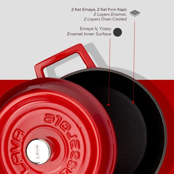 Lava Döküm Yuvarlak Tencere. Trendy Çap(Ø) 18cm.  Kırmızı - Resim 5