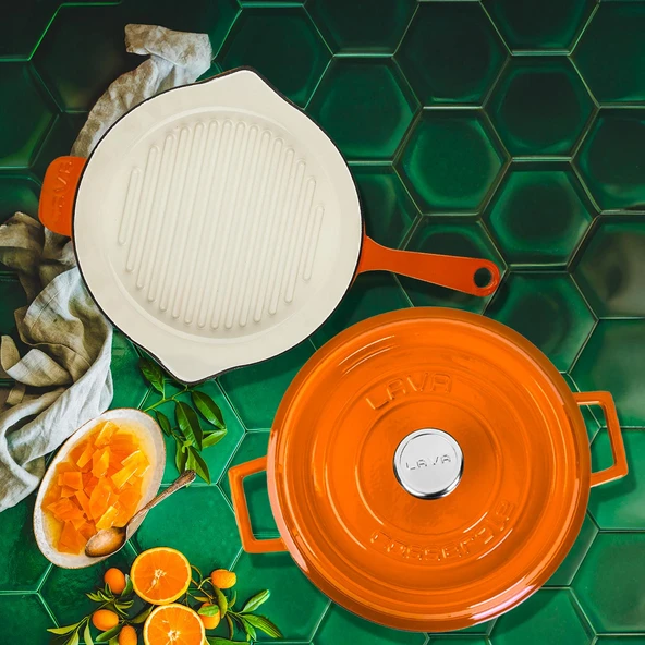 Lava Döküm 2X Edition Serisi Özel Koleksiyon Döküm Demir Tencere & Tava Seti  Turuncu - Resim 8