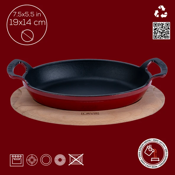 Lava Döküm Oval Sahan Döküm Demir Yekpare Çift Kulplu Kayın Servis Ahşabı Ölçü 19x14cm.  Kırmızı - 4