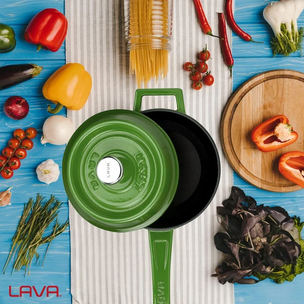 Lava Döküm Yuvarlak Sos Tenceresi. Döküm Demir Yekpare Saplı Trendy Serisi Çap(Ø16 cm.  Yeşil - Resim 7