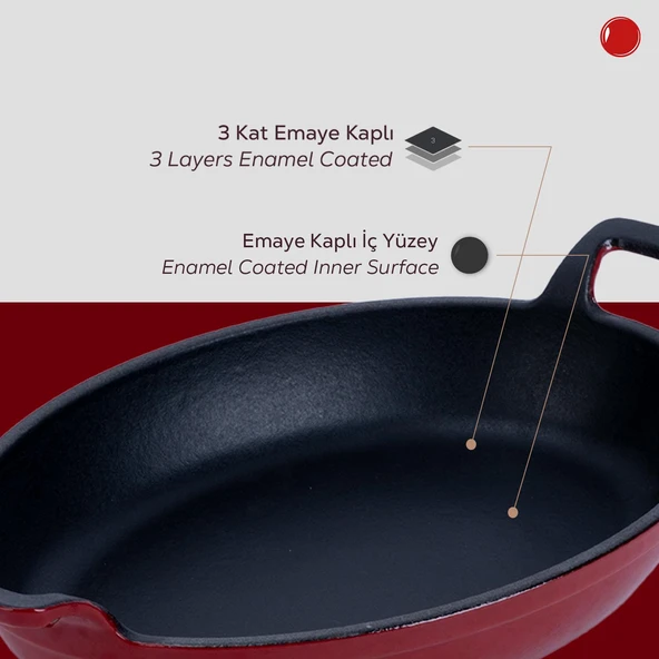 Lava Döküm Oval Sahan Döküm Demir Yekpare Çift Kulplu Ölçü 23x17cm.  Kırmızı - Resim 6