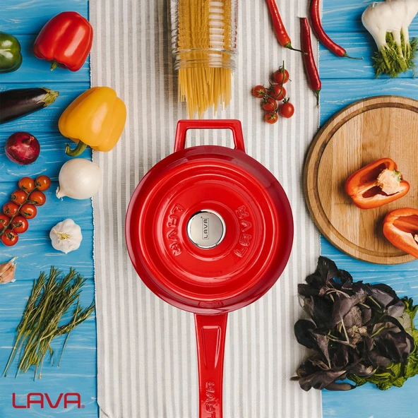 Lava Döküm Yuvarlak Sos Tenceresi. Döküm Demir Yekpare Saplı Trendy Serisi Çap(Ø16 cm.  Kırmızı - Resim 7