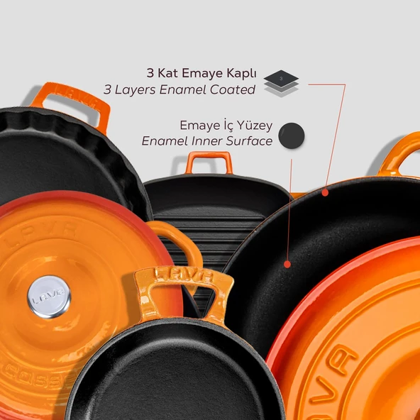 Lava Döküm 5X New Heritage Serisi Döküm Demir Tencere & Tava Seti  Turuncu - Resim 5