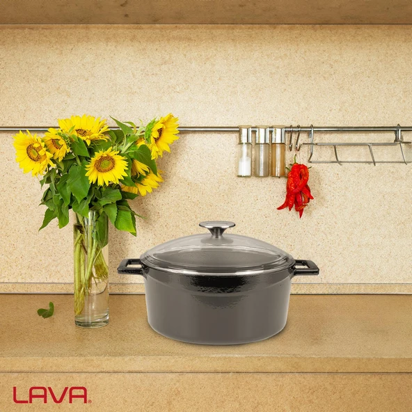 Lava Döküm Yuvarlak Tencere Cam kapaklı. Glaze Çap(Ø)24cm.  Siyah - 7