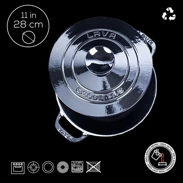 Lava Döküm Yuvarlak Tencere Döküm Demir Kapak Experience Serisi Çap(Ø)28cm  Siyah - Resim 4