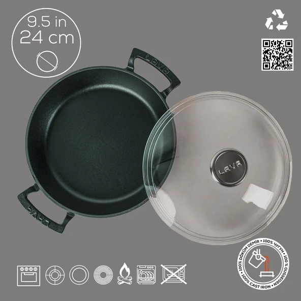 Lava Döküm Yuvarlak Sahan Cam Kapaklı Döküm Demir Yekpare Çift Kulplu Çap(Ø)24cm. - Resim 4