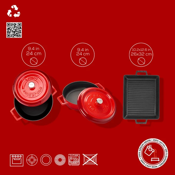 Lava Döküm 6X Trendy Serisi Döküm Demir Tencere Tava Çeyiz Seti  Kırmızı - Resim 5