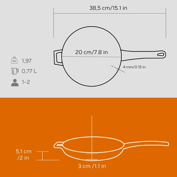 Lava Döküm Yuvarlak Kızartma Tavası Döküm Demir Yekpare Saplı  Çap(Ø)20cm.  Turuncu - 5
