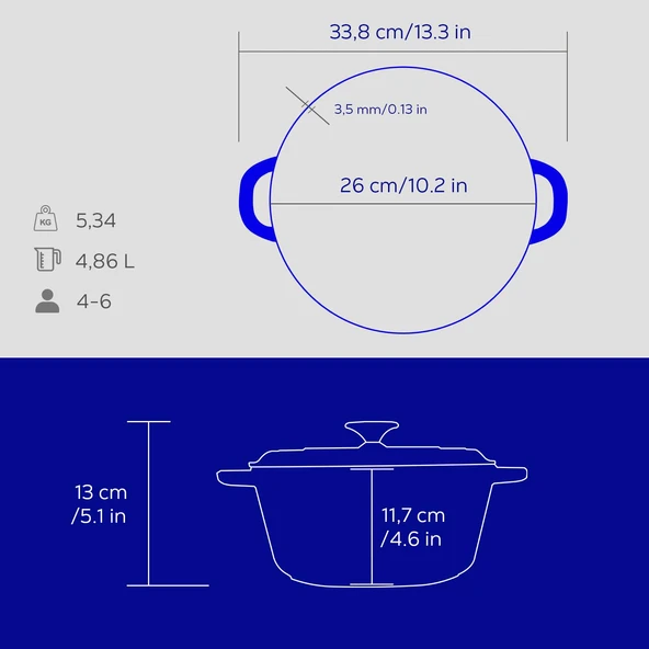 Lava Döküm Yuvarlak Tencere Döküm Demir Kapak New Heritage Serisi Çap(Ø)26cm.  Mavi - Resim 5
