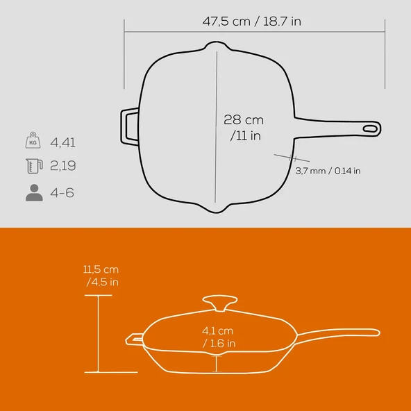 Lava Döküm Kare Izgara Tava Cam Kapaklı Döküm Demir Yekpare Saplı Ölçü 28x28cm.  Turuncu - Resim 5
