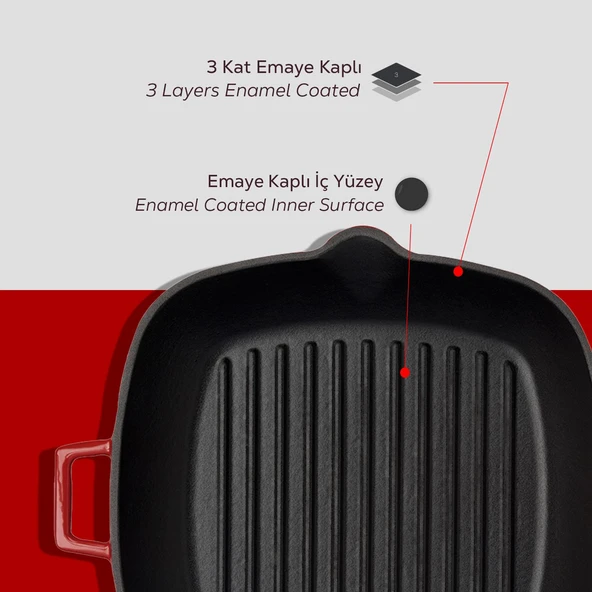 Lava Döküm Kare Izgara Tava Cam Kapaklı Döküm Demir Yekpare Saplı Ölçü 28x28cm.  Kırmızı - Resim 6