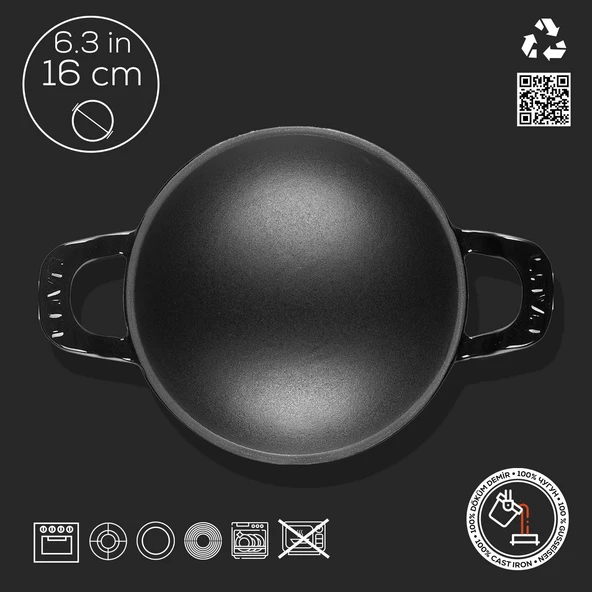 Lava Döküm Mini Wok Yekpare Kulplu Çap(Ø)16cm.  Siyah - 3
