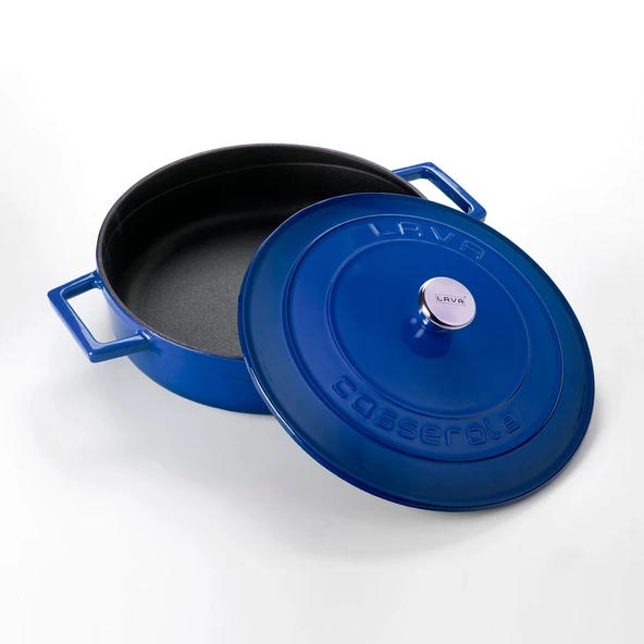 Lava Döküm Çok Amaçlı Yayvan Tencere. Folk Serisi Çap(Ø)24cm.  Mavi - Resim 3
