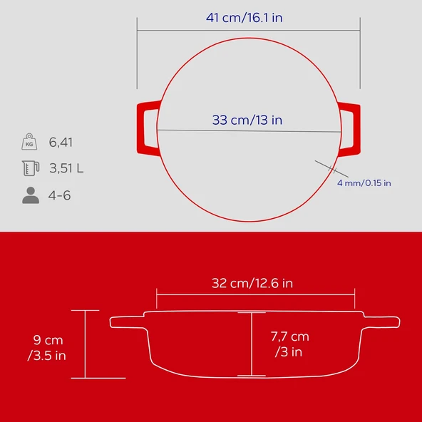 Lava Döküm Çok Amaçlı Yayvan Tencere Döküm Demir Yekpare Kulplu Edition Serisi Çap(Ø)32cm.  Kırmızı - Resim 5