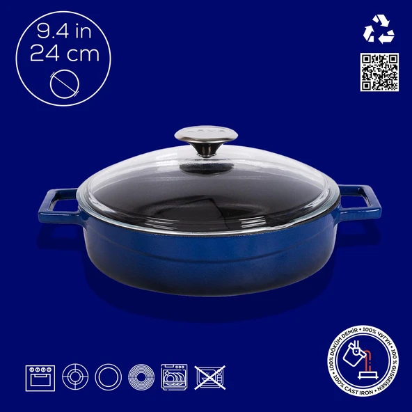 Lava Döküm Çok Amaçlı Yayvan Tencere. Glaze Serisi Çap(Ø)24cm. - Kırmızı  Mavi - Resim 4