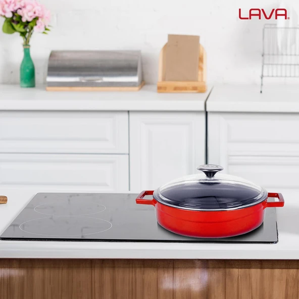Lava Döküm Çok Amaçlı Yayvan Tencere. Glaze Serisi Çap(Ø)24cm. - Kırmızı  Kırmızı - 7
