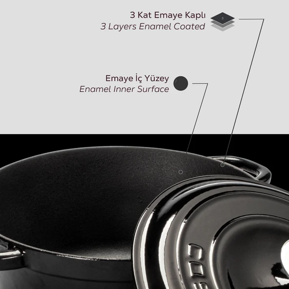 Lava Döküm Yuvarlak Tencere Döküm Demir Kapak New Heritage Serisi Çap(Ø)26cm.  Siyah - Resim 6