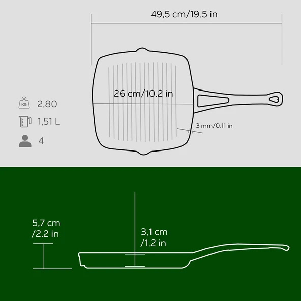 Lava Döküm Kare Izgara Tava Döküm Demir Yekpare Saplı. Ölçü 26x26cm.  Yeşil - Resim 4