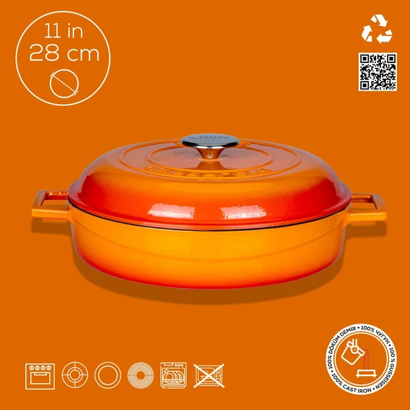 Lava Döküm Çok Amaçlı Yayvan Tencere. Kubbe Form Kapaklı Folk Serisi Çap(Ø)28cm.  Turuncu - Resim 4