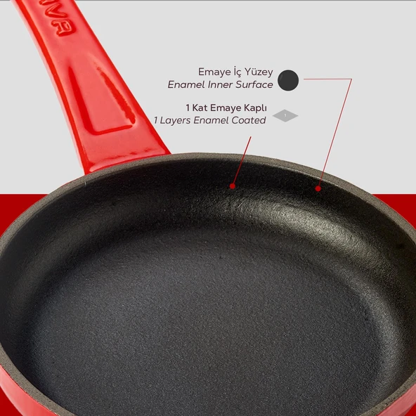 Lava Döküm Yuvarlak Kızartma Tavası Döküm Demir Yekpare Saplı Çap(Ø)16cm.  Kırmızı - Resim 6