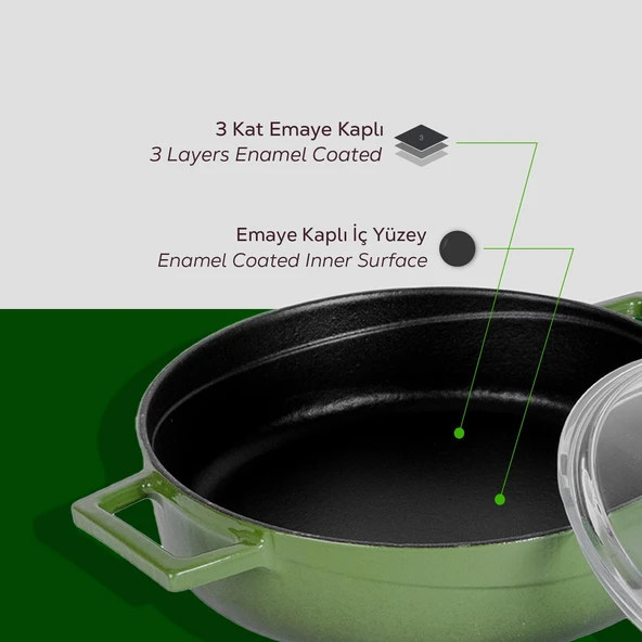 Lava Döküm Çok Amaçlı Yayvan Tencere. Glaze Serisi Çap(Ø)24cm. - Kırmızı  Yeşil - Resim 5