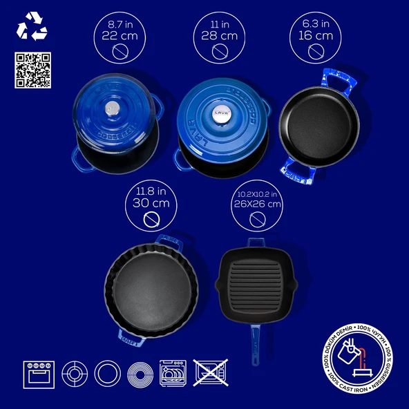 Lava Döküm 5X New Heritage Serisi Döküm Demir Tencere & Tava Seti  Mavi - Resim 3