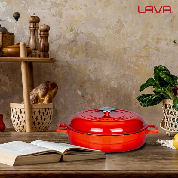 Lava Döküm Çok Amaçlı Yayvan Tencere. Kubbe Form Kapaklı Folk Serisi Çap(Ø)28cm.  Kırmızı - Resim 7