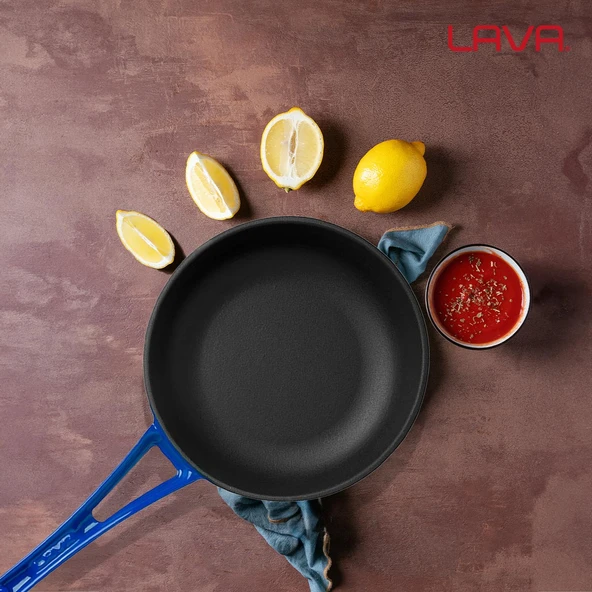 Lava Döküm Yuvarlak Kızartma Tavası Döküm Demir Yekpare Saplı Çap(Ø)24cm.  Mavi - Resim 7